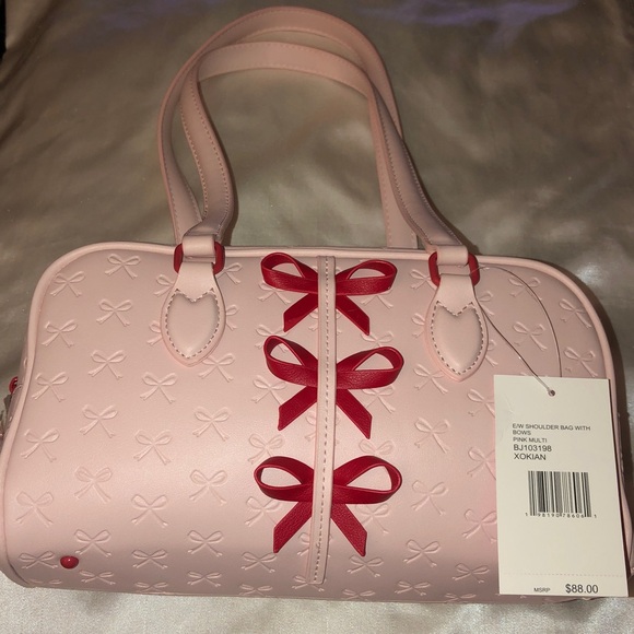 Betsey Johnson Pink Multi E/W Shoulder Bag With Embossed Bows & Red Bows NWT - Picture 4 of 16